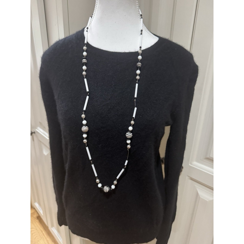 Vintage Long Lucite And Metal Beads Necklace Black & White Flapper Art Deco
